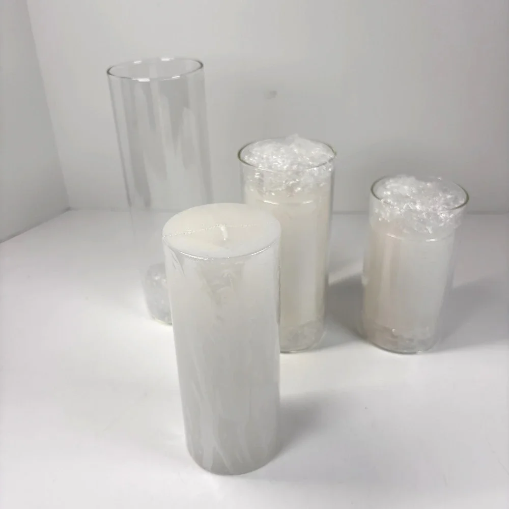 Set of 12 White Pillar Candles with Glass Cylinder Vases Clear Hurricane Glass